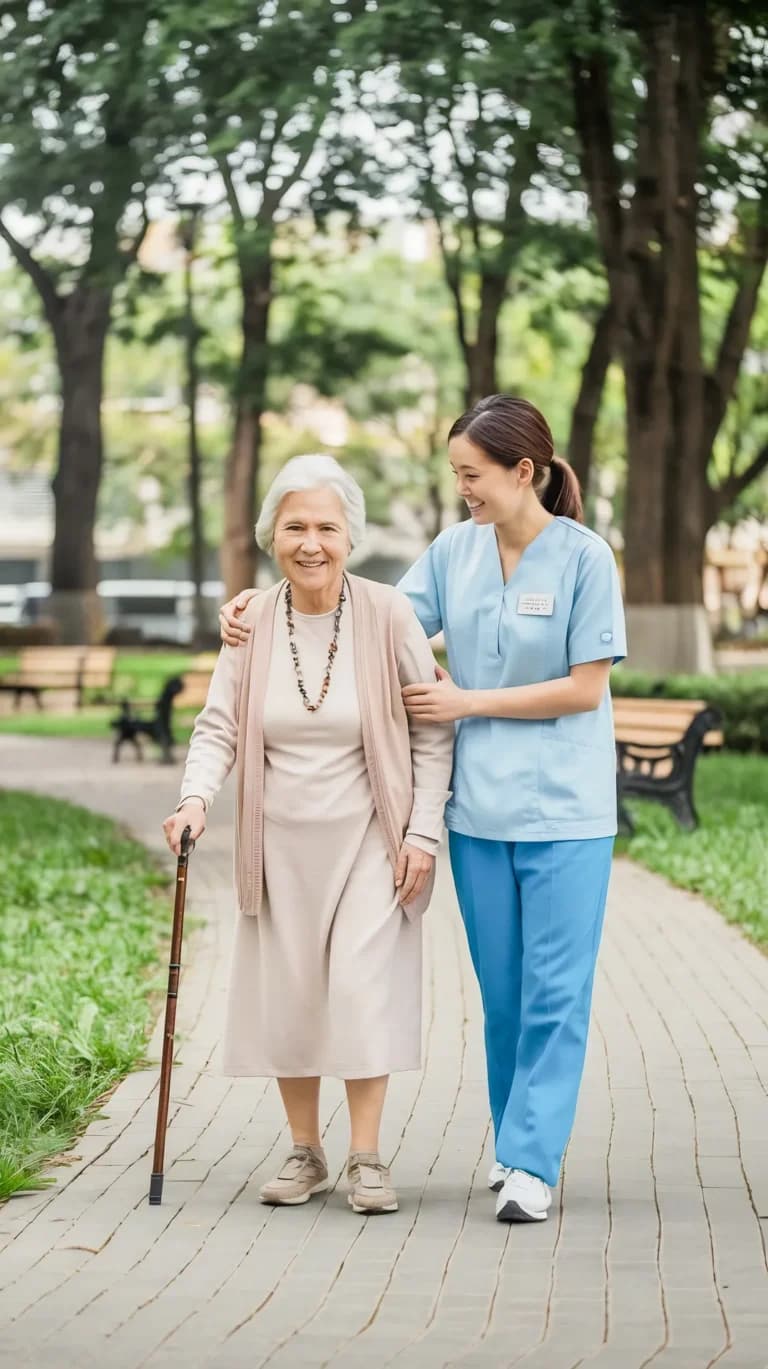 Caregiver walking arm-in-arm with an elderly woman through a sunlit park.